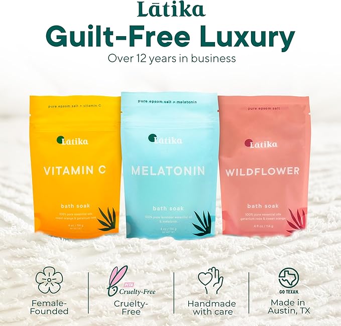 Latika Bath Soak Stress Relief Set of 3 - Wildflower, Melatonin, Vitamin C - Moisturizing Bath Soak with Epsom Salt & Essential Oils for Stress Relief, Muscle Recovery, & Relaxation - At-Home Spa