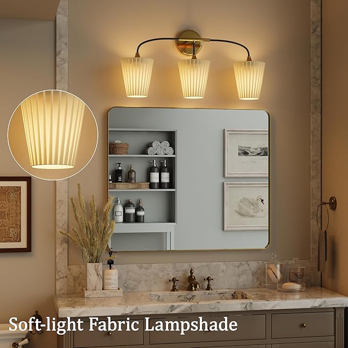 Bathroom Light Fixtures Over Mirror, 3 Light Vanity Light for Bathroom, Black Gold Vanity Light Fixtures with Flared Ivory White Fabric Shade, E26 Socket Modern Sconce Wall Decor(ETL Listed)