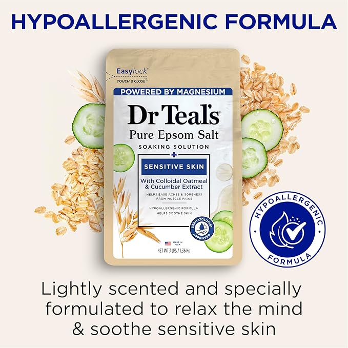 Dr Teal's Epsom Salt Magnesium Soak, Sensitive Skin with Colloidal Oatmeal & Cucumber Extract, 3 lbs