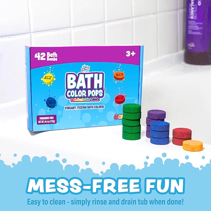 Tub Works® Bath Color Pops™ Moisturizing Kids Bath Bombs, 42 Count | Bath Bomb Refills for Bath Color Brush | Nontoxic & Fragrance-Free | 6 Unique Colors | Fizzy, Vibrant Water Color Tablets