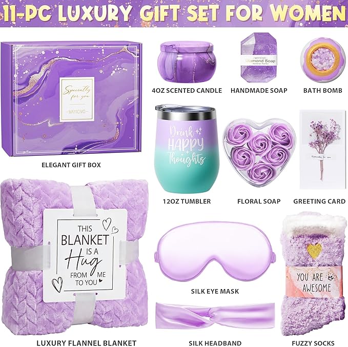 Mothers Day Birthday Gifts for Women Self Care Get Well Soon Gifts, Lavender Relaxing Spa Gift Basket Thinking of You Care Package w/Flannel Blanket, Unique Gift for Mom Her Wife Grandma Friend Sister