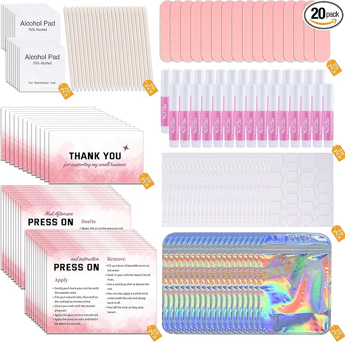 Press On Nail Tool Kit for Nail Business, Nail Prep Application Disposable Kit with Nail File, Nail Glue, Prep Pads, Instruction Card, Adhesive Nail Tabs, Wood Stick, Holographic Bag (20pcs in Pink)