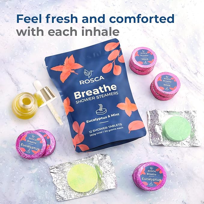 ROSCA Eucalyptus & Mint Shower Steamers - 12 Aromatherapy Shower Steamer with Essential Oils - Stress Relief Fizzies - Mothers Day Gifts, Relaxation Birthday Gifts for Women and Men