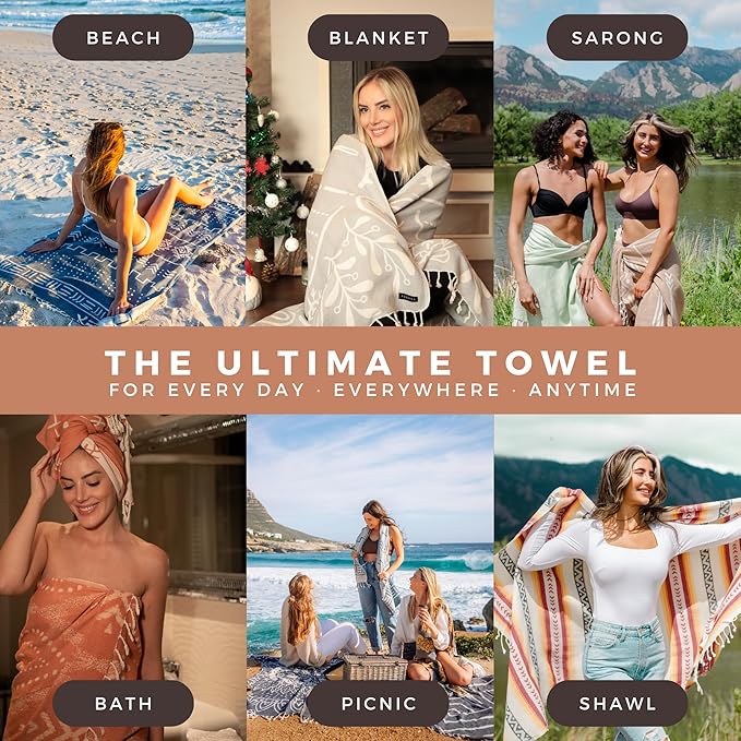 FESHKA Sand Free Turkish Beach Towel (37 x 67) Quick Dry Bath Towel, Oversized Beach Blanket, Lightweight for Travel - Made with 100% Organic Turkish Cotton - Sunset Lover (Rust/Dark Navy)