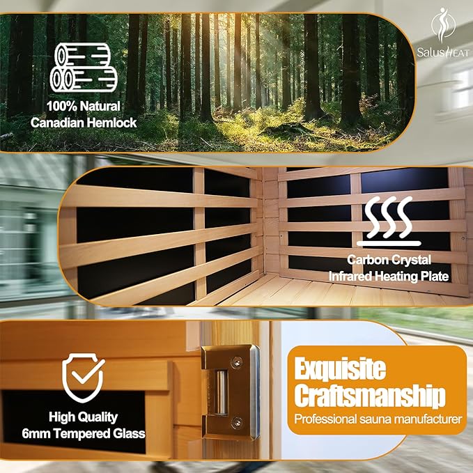 Far Infrared Sauna 1 Person Infrared Home Sauna Room 0-5mG Utra Low EMF Home Sauna Spa 1460W Canadian Hemlock Wooden Indoor Dry Sauna with Door Heating Plate, 2 Control Panels