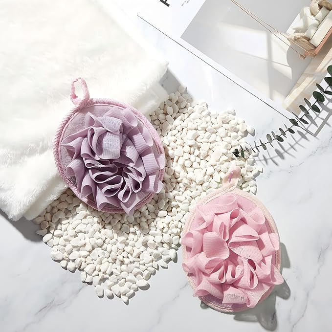 Boao 3 Pcs Bath Shower Pouf Sponge Mesh Pouf Shower Ball Exfoliating Body Sponge Pad Scrubber Glove with Flower Bath Ball (Beige,Dark Pink Purple)