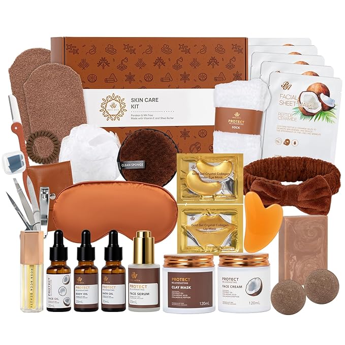 Mother's Day Gifts, Coconut 32 Pcs Facial Skin Care Kit, Home Spa & Self-Care Gifts Basket Set, Bath and Body Gifts for Women, Face Sheet Mask, Serum, Birthday, Christmas, Anniversary, Wife, Mom