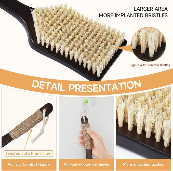 Back Scrubber Shower Brush,Dry Brushing Body Brush with 17.7 Inch Curved Long Handle, Natural Bristles for Lymphatic Drainage, Soft & Stiff Bristles Available (Natural Fiber, Medium)