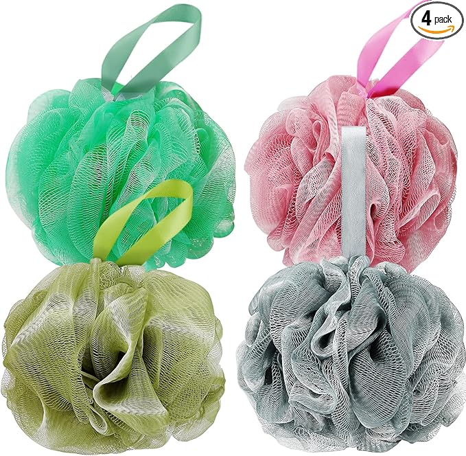 DadyMart Bath Shower Loofah Sponge 60g Bath Mesh Pouf Shower Ball Body Scrubber Exfoliating Bath Sponge for Women and Men, Set of 4, Black (Loofah-Medium, Army Green)