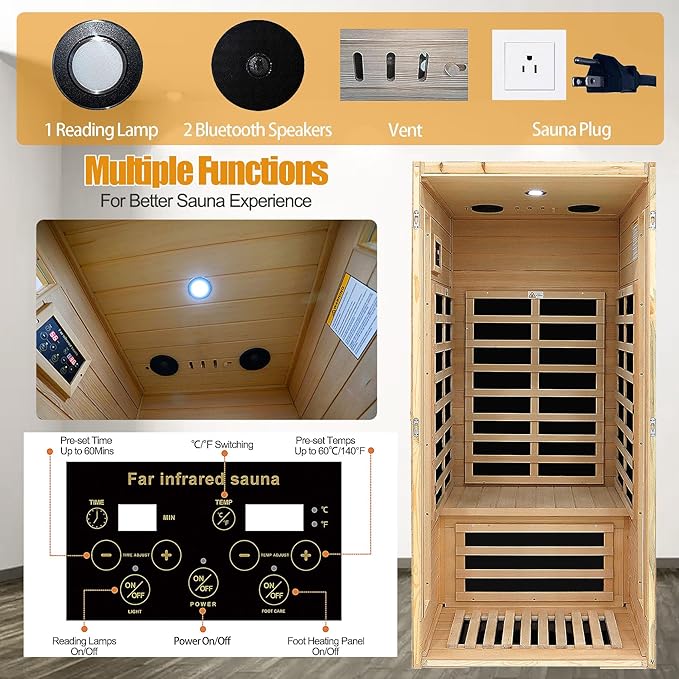 Far Infrared Sauna 1 Person Infrared Sauna Room Canadian Hemlock Wooden Sauna for Home, 1300W Low-EMF Indoor Saunas with Control Panel, Bluetooth Speakers, LED Reading Lamp, Tempered Glass Door