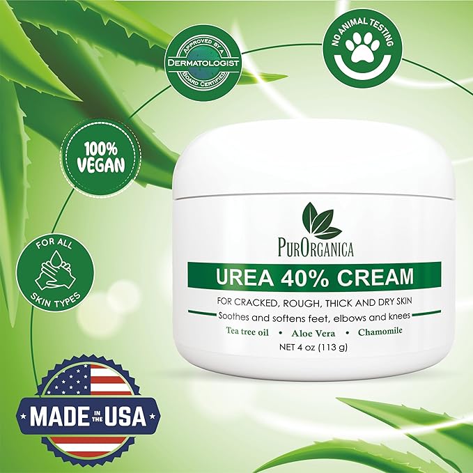 PurOrganica Urea Cream 40% – Made in USA, Maximum Strength Foot Cream for Dry, Cracked Heels, Corns, Calluses & Rough Feet, Exfoliating Moisturizer - Pack of 3