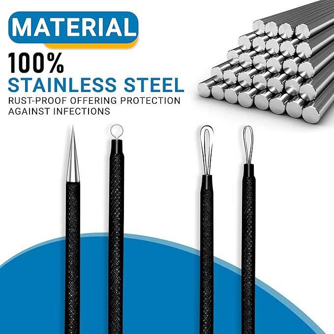 EFAH Care 2Pcs Stainless Steel Pimple Extractor Acne Treatment Tool Surgical Blemish Grade Blackhead Remover Perfect for face and Nose Easy to Clean (Black)