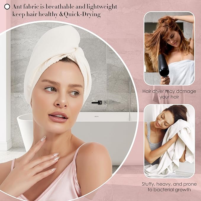 Hair Towel Wrap 2 Pack for Women,Super Absorbent Ant Cloth Fabric Hair Drying Turban Towel, Quick Dry Hair Towels with Buttons for Long Wet Curly Hair(Cream)