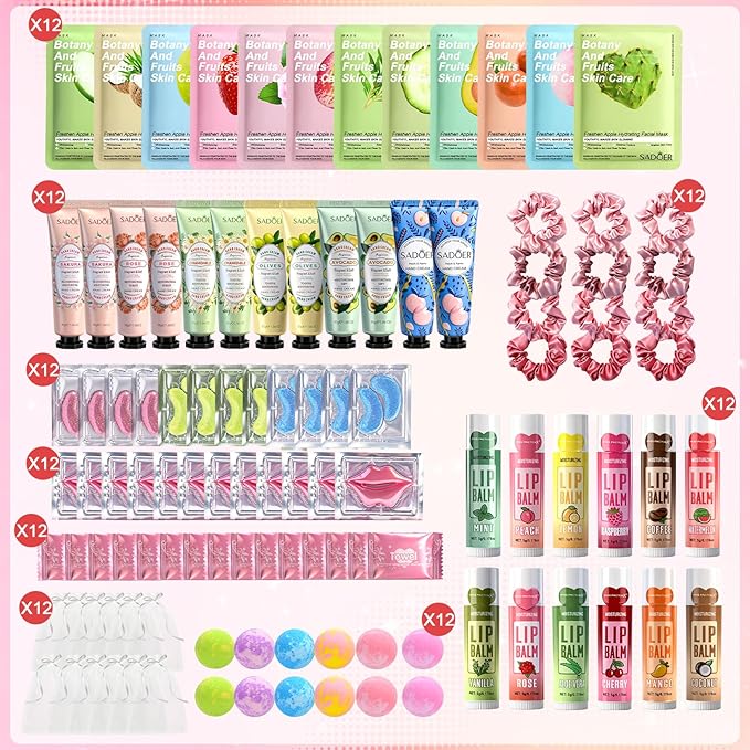 108 PCS Spa Party Supplies for Girls, Include Facial Masks, Lip Balms, Eye Patches, Hand Creams...Spa Kit for Sleepover & Slumber Party, Birthday Mothers Day Gift for Women, Spa Party Favors