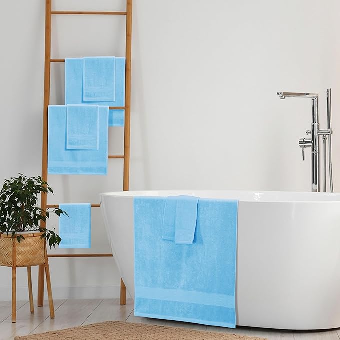 Belizzi Home 8 Piece Towel Set 100% Ring Spun Cotton, 2 Bath Towels 27x54, 2 Hand Towels 16x28 and 4 Washcloths 13x13 - Ultra Soft Highly Absorbent Machine Washable Hotel Spa Quality - Light Blue