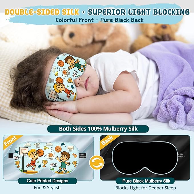 Kids Sleep Mask – 100% Mulberry Silk Eye Mask with Adjustable Strap, Soft Light Blocking Sleeping Mask for Children, Cute Printed Eye Cover for Boys Girls Ages 5-15 (Basketball Style)