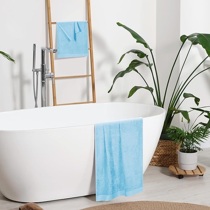 Ultra Soft 3 Pack Cotton Towel Set, Contains a Bath Towels 28x55 inch, a Hand Towels 16x24 inch & a Wash Coths 12x12 inch, Ideal Everyday use, Compact & Lightweight - Sky Blue, Medium
