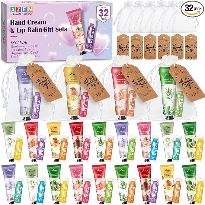 AZEN 32 Sets Bulk Gifts, Hand Cream and Lip Balm Bulk Set with Organza Bag Thank You Card, Baby Shower Wedding Gift for Guests, Bridal Wedding Favors for Guests, Mothers Day Gifts Stocking Stuffers