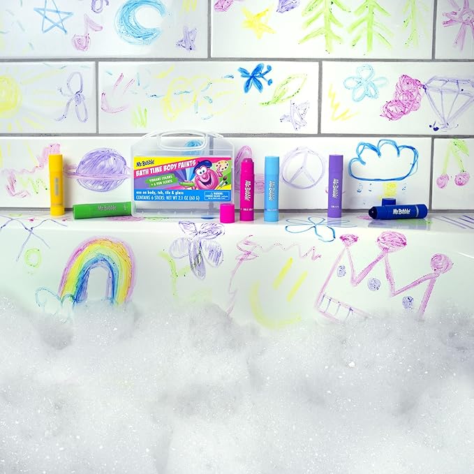 Mr. Bubble Bath Time Body Paints – 6-Color Washable Bath Paint Sticks with Gentle, Kid-Safe Formula – Fun Tub Time Art Set with Scented Colors & Carrying Case