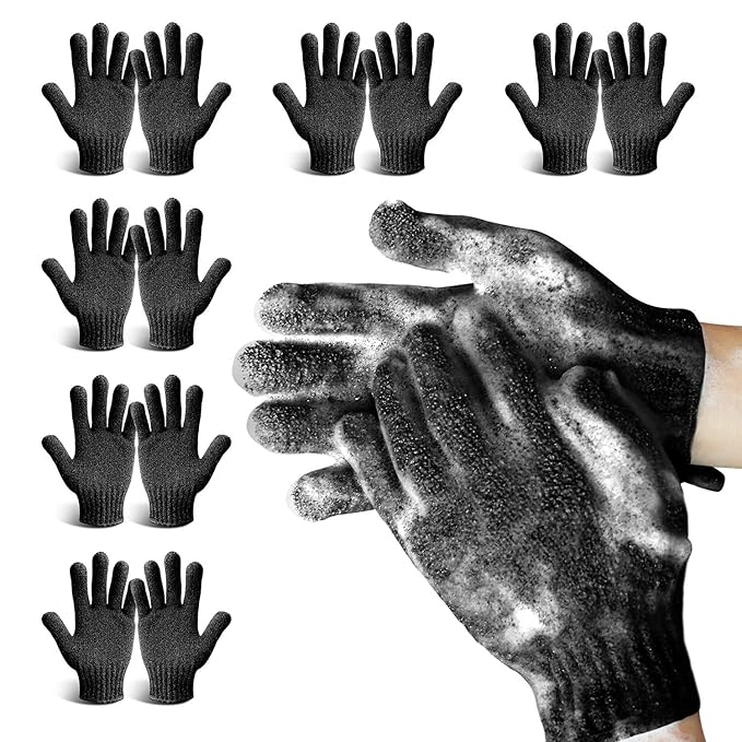 MIG4U Exfoliating Shower Gloves for Bath,6 Pairs Premium Nylon Body Wash Bathing Gloves for Men Women Spa, Massage and Skin Scrub, Dead Skin Remover with Hanging Loop, Black, Regular Size