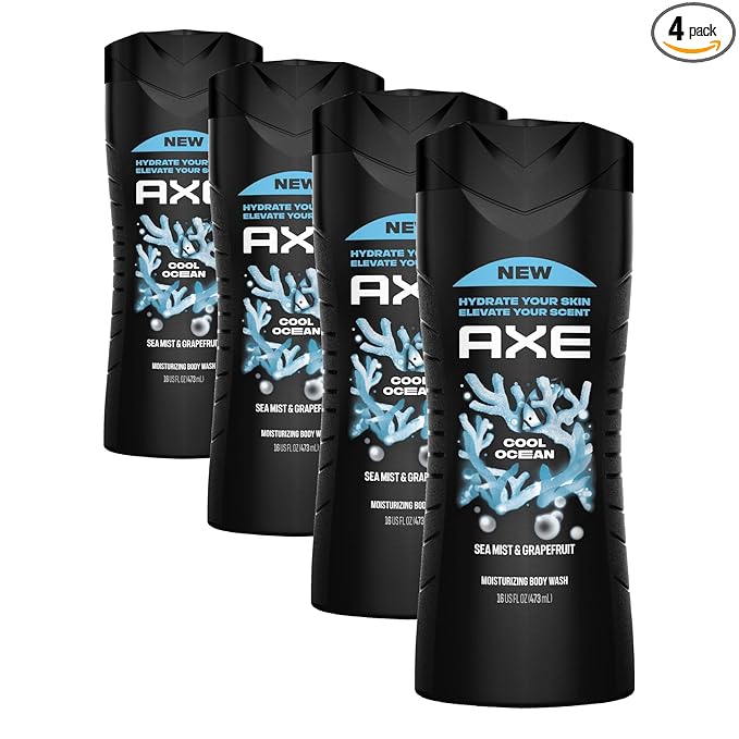 AXE Cool Ocean Men's Body Wash With Essential Oils 12H Refreshing Scent Body Wash For Men,Clean and Fresh Scent 16 oz,(Pack of 4)