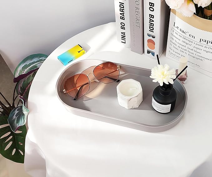 Gray Small Tray (11.8 inch), 3 Pack Oval Tray for Kitchen Counter, Bathtub Bathroom Vanity Items, Countertop Organizer, Coffee Accessory, Bar, Serving Seasoning, Salt and Pepper, Soap.