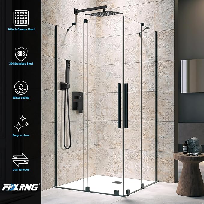 FPXRNG Black Shower Faucet Set, Rainfall Shower System with Square Shower Head and Handle Set, Wall Mounted Shower Fixtures, Full Metal Trim Repair Kit 8 inch Matte Black (With Shower Valve)