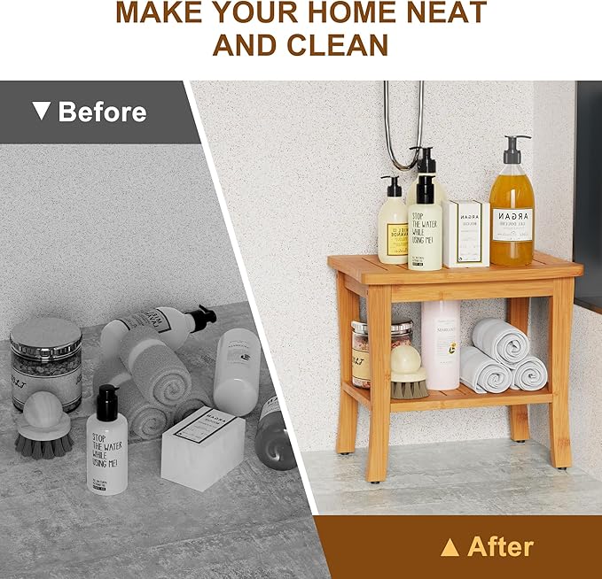Bamboo Shower Bench Stool with Storage Shelf Waterproof Shower Chair Spa Bath Seat First Apartment Essentials New Home Must Haves Things Stuff Accessories House Warming Hostess Host