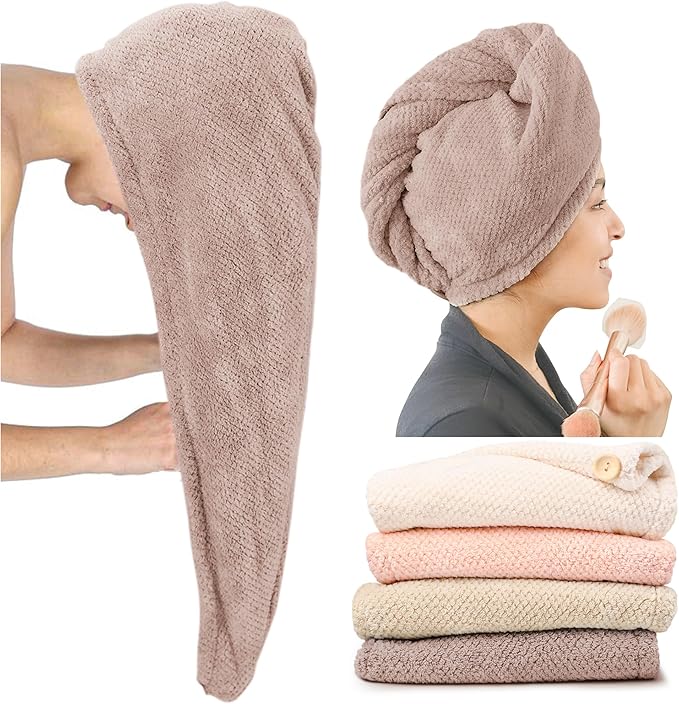 ROLSHOL Extra Large 4 Pack Microfiber Hair Towel Wrap for Women Super Absorbent & Quick Dry Hair Drying Towels with Button, Hair Turbans for Curly Hair Long & Short Hair - Anti-Frizz (Pink Pinstripe)