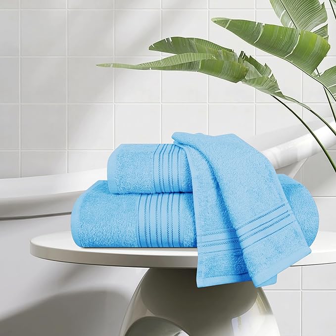BOUTIQUO Ultra Soft 3 Pack Cotton Towel Set, Contains a Bath Towels 28x55 inch, a Hand Towels 16x24 inch & a Wash Coths 12x12 inch, Ideal Everyday use, Compact & Lightweight - Sky Blue