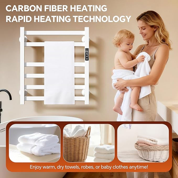 Electric Towel Warmer Wall Mounted, 6 Bar Heated Towel Rack with Intelligent Timer & Temp Control, Plug-in/Hardwire, Left and Right Compatible