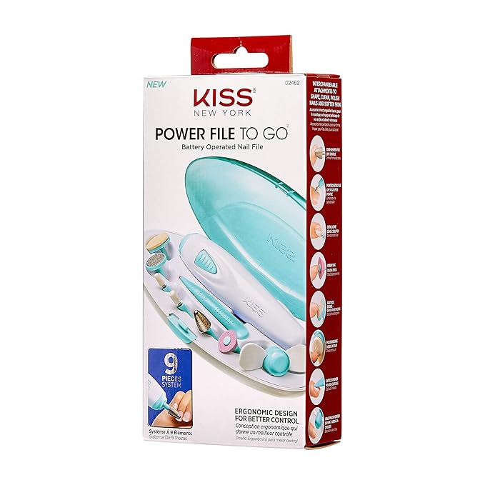 KISS Power File to Go Battery Powered Mani/Pedi Tool Professional Nail Care with 8 Attachments & Storage Case, Shape, Clean, and Polish Nails