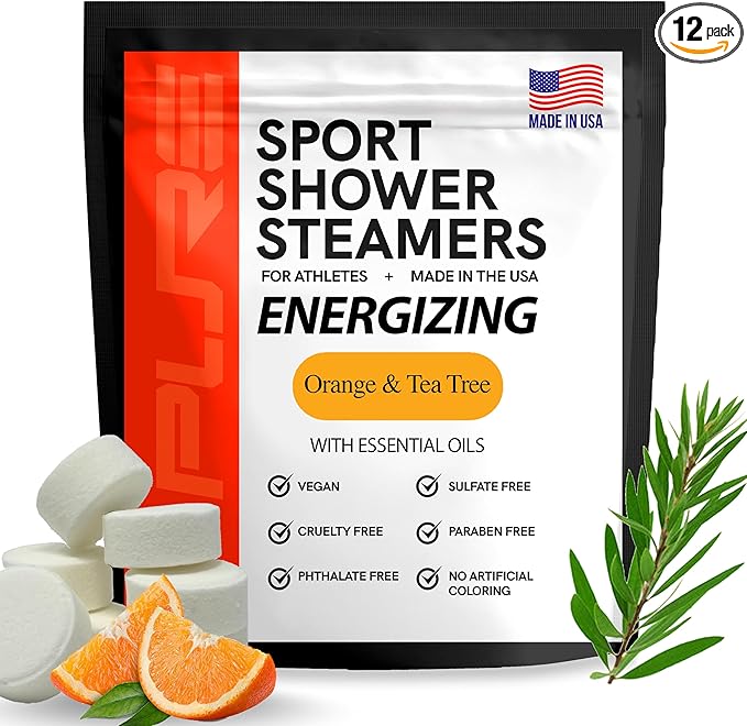 Pure Energizing Sport Shower Steamers - Natural Orange and Tea Tree Essential Oils, Made in USA, Energy Boost for Athletes, Mother’s Day Gifts for Runners, Relaxing Birthday Gifts for Self Care