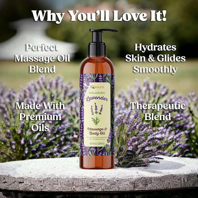 IQ Natural Organic Lavender Body Oil for Skin, Lavender Massage Oil for Massage Therapy, Sore Muscle Body Relaxing Stress Relief - Lightweight and Non-Greasy - 8.8oz (260ml)