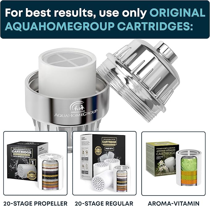 AquaHomeGroup 20 Stage Shower Filter with Vitamin C and E - Reduces Chlorine and Heavy Metals - 2.5 GPM - 2 Cartridges Included - Universal Fit - Golden