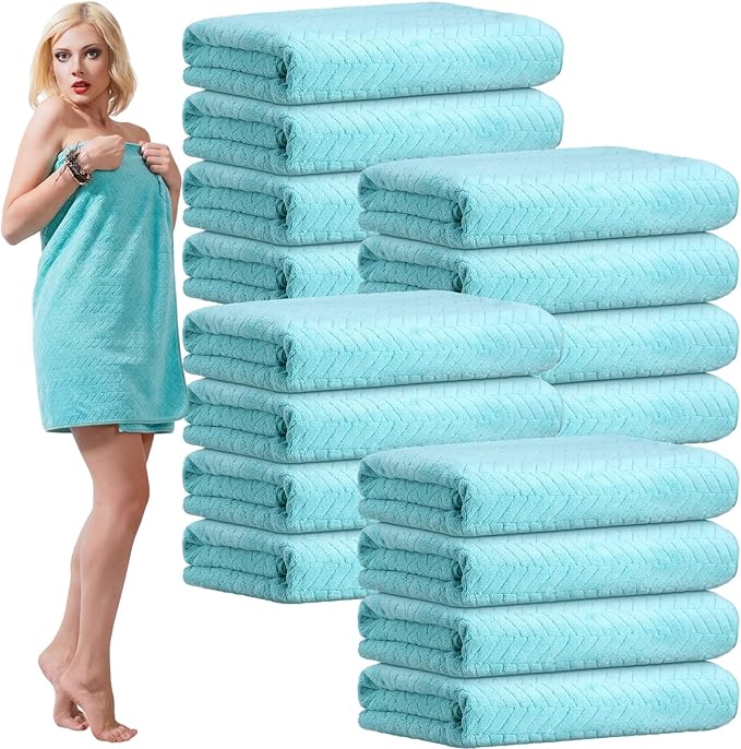 SmoothNovelty 16 Pack Microfiber Bath Towels Bulk 27'' x 60'' Oversized Size Bath Towel Highly Absorbent Extra Large Soft Drying for Beach Shower Summer Salon Sport Gym Party (Wheat,Light Blue)