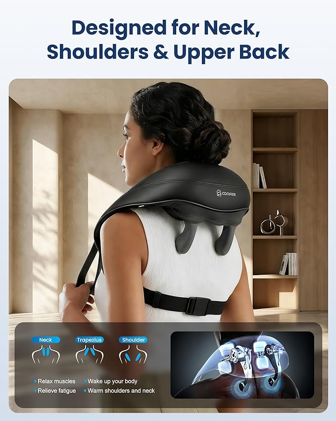COMFIER Hands-Free Neck and Shoulder Massager with Heat, Cordless 4D Deep Tissue Kneading Back Massager, Rechargeable Shiatsu Massage for Pain Relief, Home, Office & Housework