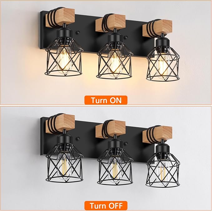 FadimiKoo 3-Light Farmhouse Vanity Light for Bathroom, Wood Bathroom Light Fixtures Over Mirror, Industrial Black Vanity Light with Metal Lampshade for Bedroom Hallway Living Room