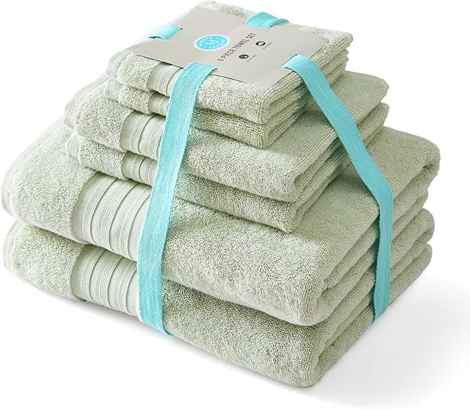 Martha Stewart - Bath Towels, Soft & Absorbent 100% Cotton Towels, Plush 700 GSM, 6-Piece Bathroom Towel Set with Textured Dobby Weave (Skyland Manor Green)