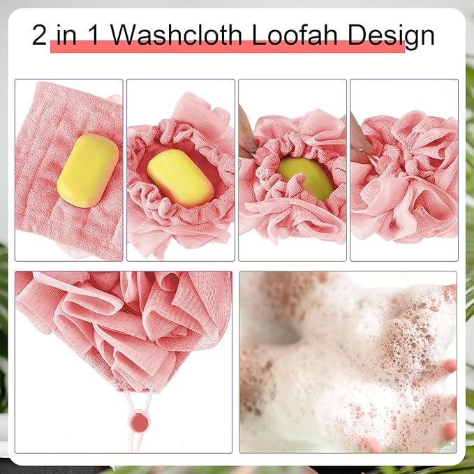 3 Pcs Washcloth Loofah Combo, 2 in 1 Bath Loofah Sponge with Drawstring, Exfoliation Mesh Shower Puff Ball for Body Wash Cleansing and Smooth Skin (Grey Coffee Pink)