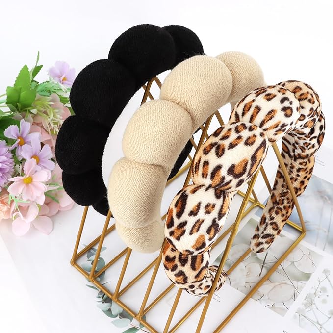 WHAVEL 3 Pack Spa Headband Skincare Headbands, Soft Hair Band for Washing Face, Makeup, Facial, Skin Care (Leopard, Brown, Black)