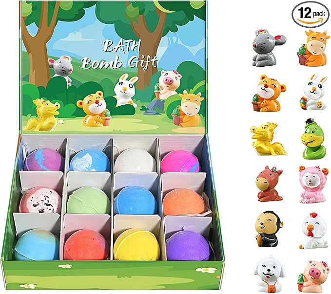 12-Piece Bath Bomb Gift Set for Kids, Bath Bombs for Kids with Surprise Inside, 12 Pack Kid Bath Bombs Gift Set, Organic Colorful Bubble Bath Fizzy Ball, Fun Educational Toy Fizzy (#C(12PC))
