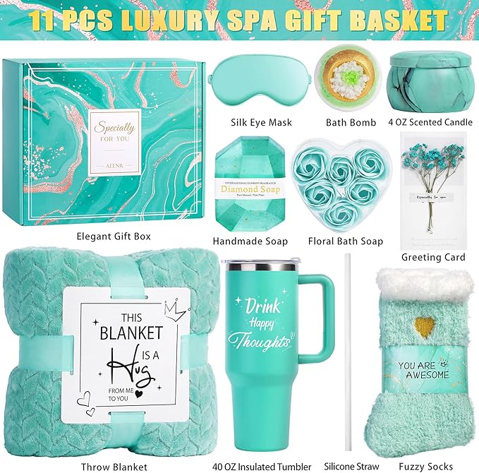 Birthday Gifts for Women, Mothers Day Spa Gifts for Mom from Daughter, Self Care Get Well Soon Gift Baskets for Her Sister Wife Girlfriend Ocean Relaxing Spa Care Package w/Blanket 40 OZ Tumbler
