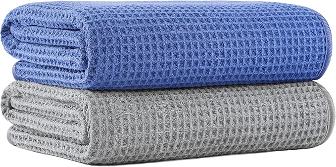 MICROFI New Microfiber Waffle Bath Towels, 2 Pieces, Soft, Absorbent, Fast Drying, Lint Free 430 GSM (Silver+Dark Blue)