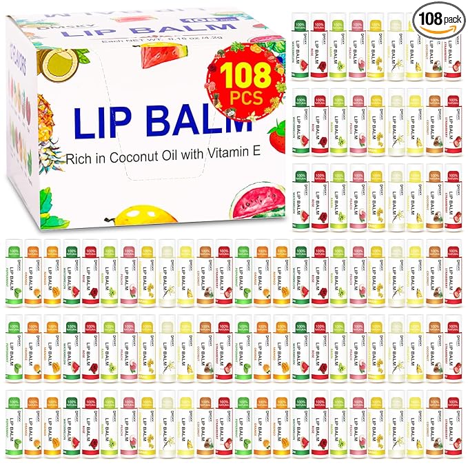 DMSKY Lip Balm 108 Pack, Natural Lip Balm Bulk with Vitamin E and Coconut Oil, Moisturizing Lip Care for Dry Chapped Lips, Party Favors-12 Flavors