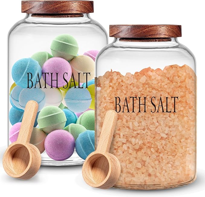 SiliFine 1 Sets 74 oz Large Bath Salt Container with Wooden Scoop for Glass Bath Salt Jar with Airtight Lid Storage Canister for Food, Flour, Sugar, Cookie, Kitchen
