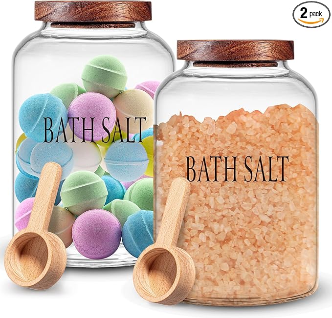 SiliFine 2 Sets 74 oz Large Bath Salt Container with Wooden Scoop for Glass Bath Salt Jar with Airtight Lid Storage Canister for Food, Flour, Sugar, Cookie, Kitchen