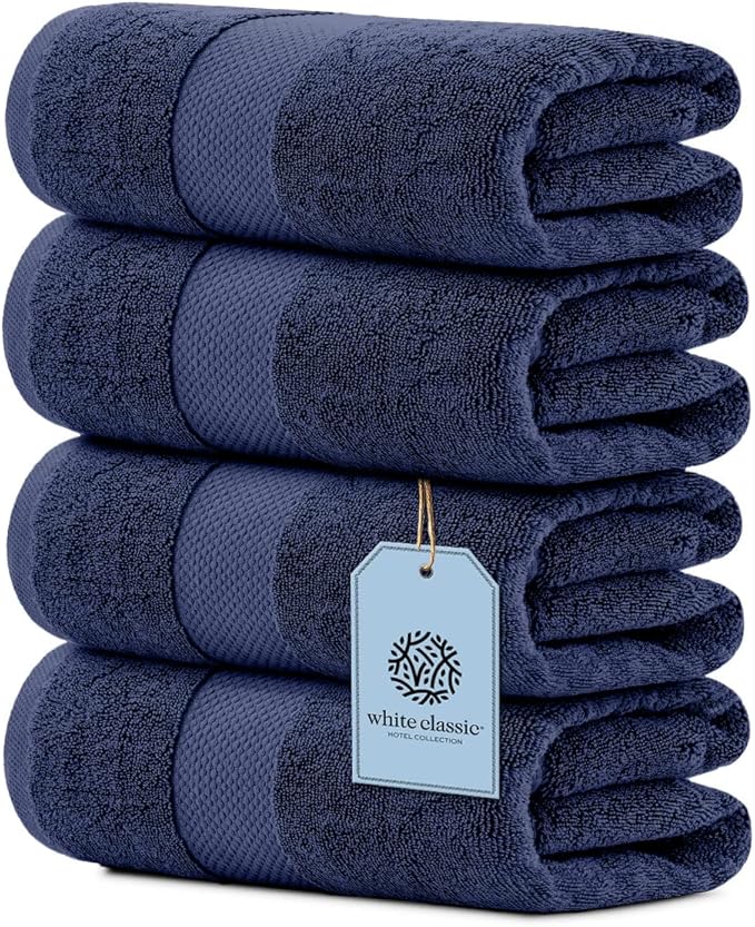White Classic Luxury Bath Towels Large - Cotton Hotel spa Bathroom Towel |30x56 | 4 Pack | Navy Blue