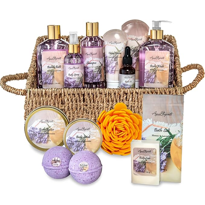 Aqua Elegante Bath Spa Gift Set - 15 Piece Premium Basket with Wash, Bubble Bath, Lotion, Salts, Body Scrub, Towel, Shower Puff, Bathbombs, Reusable Basket, Gifts for Women - Honey & Lavender