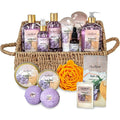 Aqua Elegante Bath Spa Gift Set - 15 Piece Premium Basket with Wash, Bubble Bath, Lotion, Salts, Body Scrub, Towel, Shower Puff, Bathbombs, Reusable Basket, Gifts for Women - Honey & Lavender